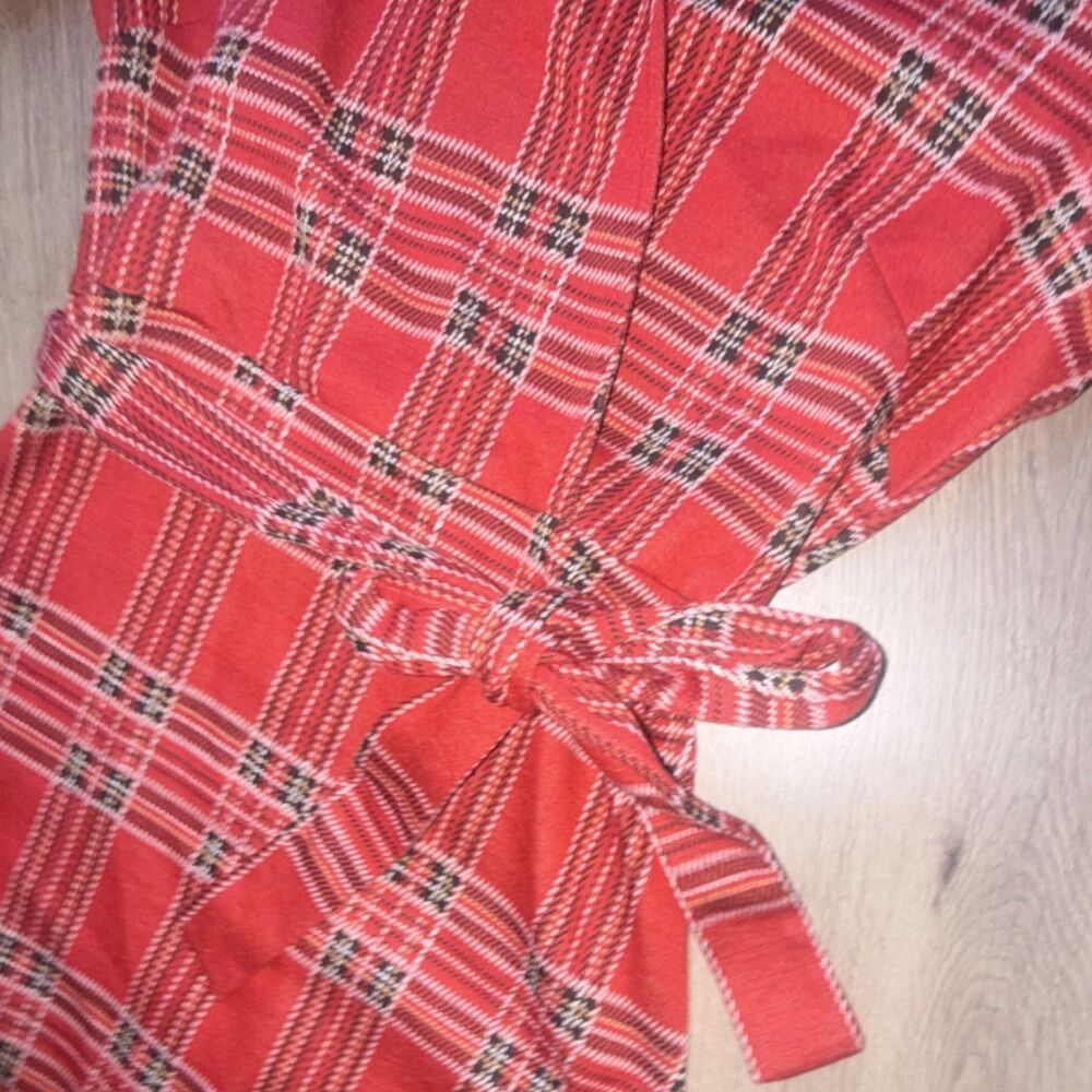 Chaus Red Black White Plaid Wrap Midi Dress L 3/4 Sleeve V-Neck Belted